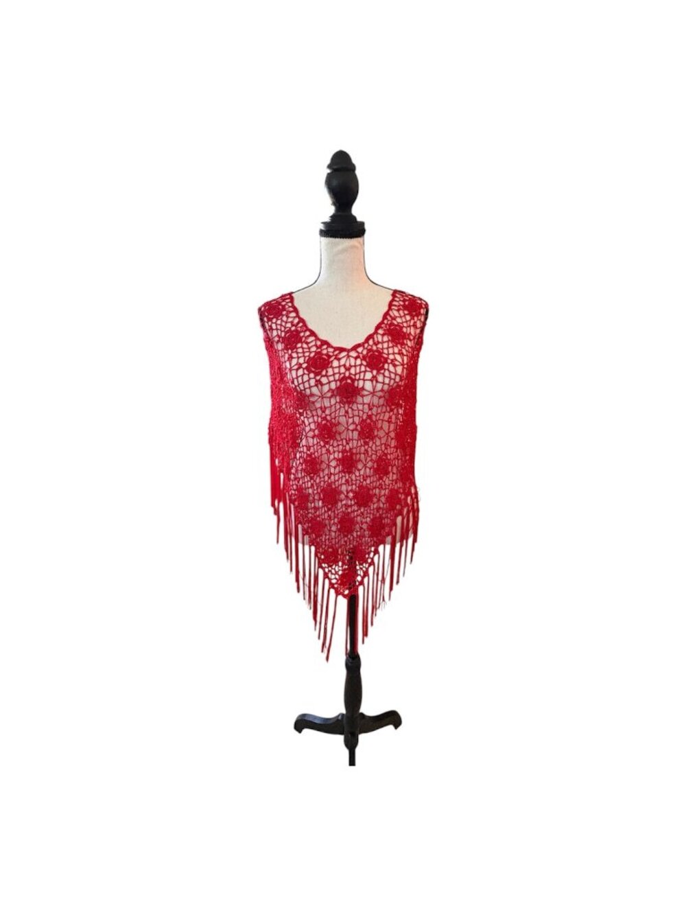 Red Crochet Open Knit Fringe Poncho Top Beaded Festival Special Occasion 1 Size